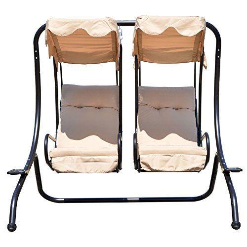 Outsunny Patio Swing Chair with 2 Separate Seats, Outdoor Swing Glider with Removable Canopy and Cup Holders, for Porch, Garden, Poolside, Backyard, Beige