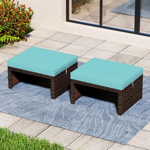 RELAX4LIFE Wicker Outdoor Ottoman Set of 2 - Rattan Footstools Foot Rest w/Removable Cushions, Multipurpose Side Table & Additional Seating, Outdoor Ottomans for Patio Garden Porch (Brown-Turquoise)