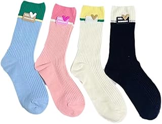 Generic 4 Pairs Ribbed Crew Socks with Heart Label, Colourblock Design, Mid-Length