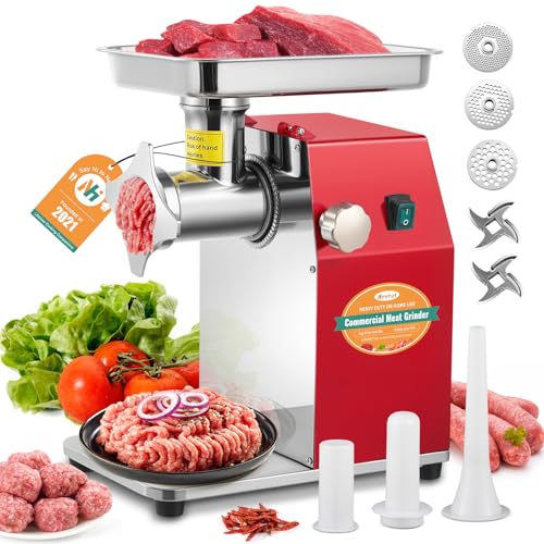 Newhai Commercial Meat Grinder Machine #12 Heavy Duty Meat Mincer Industrial Meat Processor Stainless Steel with 3/6/8mm Grinding Plate 2 Cutting Blade Sausage Stuffer Tubes 110volt