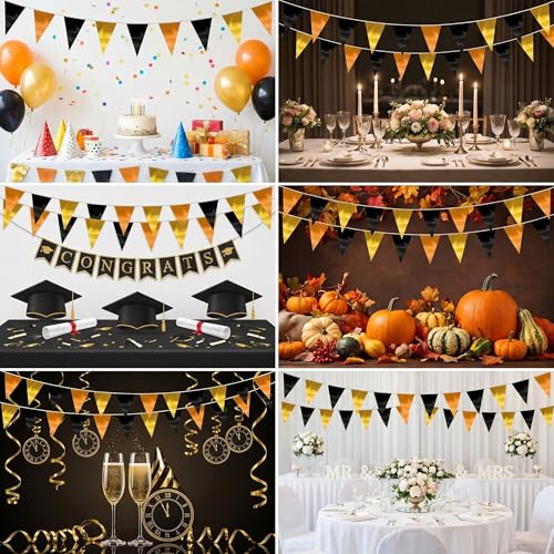 Image of 40M /130FT Black Gold Orange Triangle Pennant Banner Flag Metallic Fabric Bunting Garland for Christmas Wall Hanging,Graduation Decorations, New Years Decorations,Father' Da