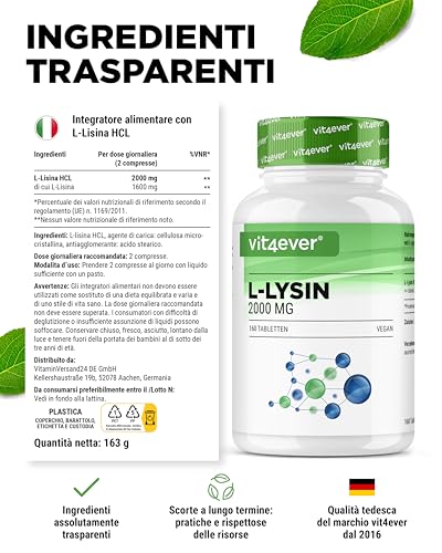 L-Lisina 2000-160 Compresse - 1000 Mg Per Una Compressa - Vegan - L-Lisina Hcl, Cellulosa Microcristallina (Agente Di Carica) - 5