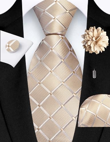 Image of GUSLESON 3.15 inch(8cm) Mens Tie and Lapel Pin Plaid Checkered Necktie Hankerchief Cufflinks Set for Men