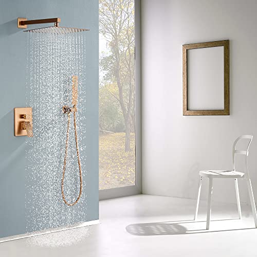 Image of Iriber Brushed Rose Gold Rain Shower System with 12 Inch Shower Head and Handheld Bathroom Wall Mounted Shower Set Contain Shower Faucet Mixer and Trim Kit (Valve Included)