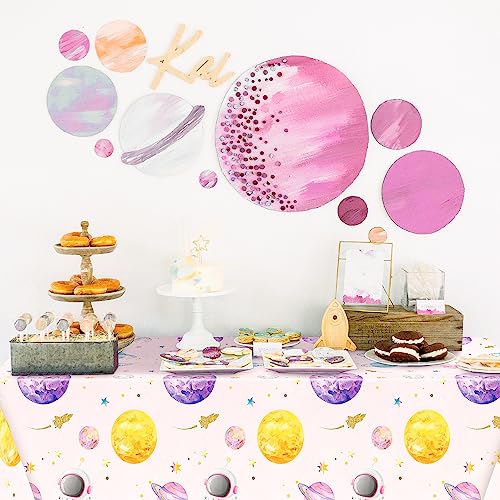 Image of Pink Watercolor Table Cover - 3 Pack 54 X 108 Inch Pink Watercolor Outer Space Disposable Plastic Rectangle Print Table Cloth Baby Shower Kids Birthday Party Tablecloths Decoration Supplies