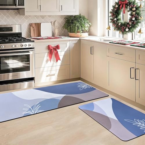 Image of SITTELLA Rubber 2 Kitchen Mats Set, Anti-Skid Kitchen Mats, Water Absorbent Rug, Carpets, Floor Mat for Home and Kitchen (120x40cm & 40x60cm) Leaf, Rectangular