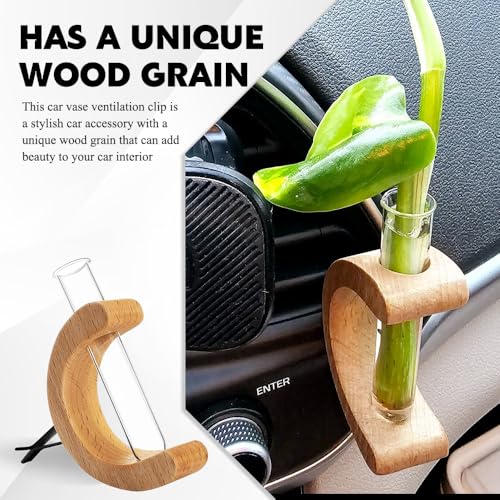 Image of Little Glass Flower Vase Air Vent Clip, Car Flower Vent Clip, Cars Vase Vent Clip Plant Holder, Universal Auto Interior Wooden Ornament Decoration Accessories for Women (Hickory)