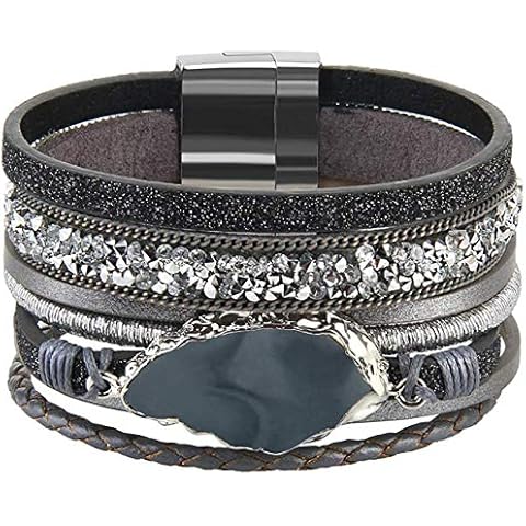 AZORA Leather Cuff Bracelet Multi Rope Wrap Bangle with Stone Cuffs Bracelets for Women Gift (Gray-leather bracelet for women) Cover