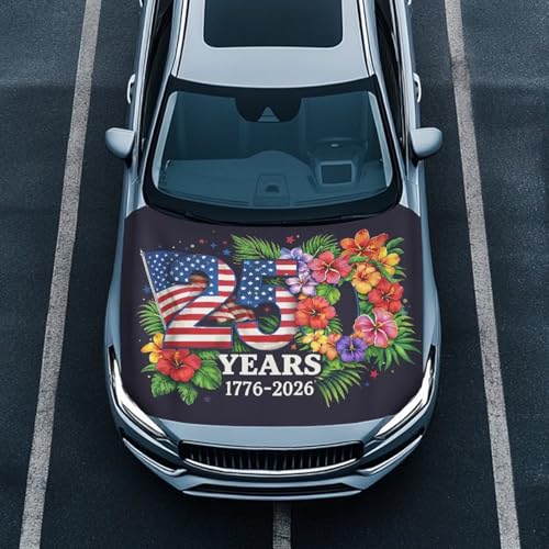 Image of 250 Years American Flag Hibiscus Print Car Hood Cover Elastic Fabrics Automotive Hood Covers Washed Auto Hood Flag Suitable for SUV and Pickup Trucks (59.05 X 39.37 inches)