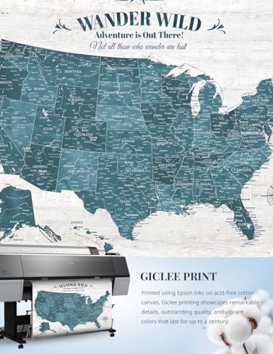 Image of IPIC - USA Push Pin Travel Map on Canvas, Large Wall Art of US Map for Travel Tracking, Modern USA Maps for Wall Decor to Mark Places Traveled, Gift for Travelers, Made in USA