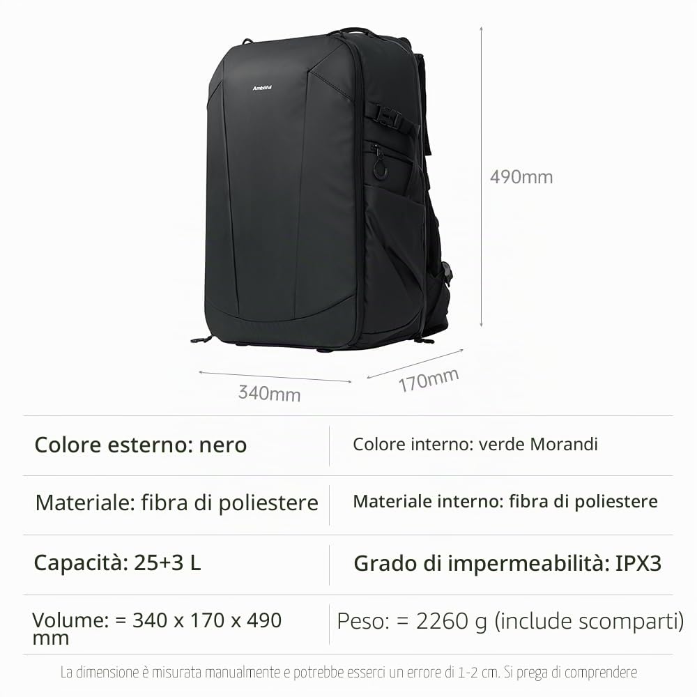 AMBITFUL Grande zaino per fotocamera DSLR/SLR, mirrorless, ergonomico, sospeso, professionale, zaino per fotografia all'aperto, impermeabile, con supporto per treppiede e scomparto per laptop, nero