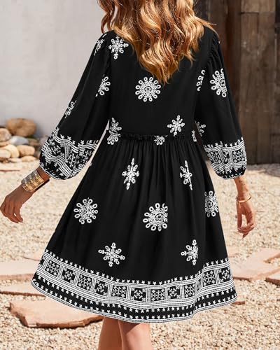 Image of BTFBM Women Casual Spring Summer Dresses V Neck 3 /4 Long Sleeve Ruffle Floral Flowy Boho Babydoll Mini Short Beach Dress