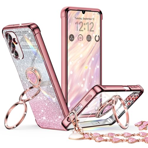 XYZ for Samsung Galaxy A15 5G Case with Stand, Phone Case with Double Ring Kickstand, Women Girls Bling Luxury Glitter Clear Phone Cover Heart for Samsung Galaxy A15 5G, Rose Gold