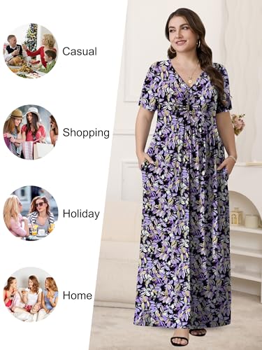 Image of PEVRL Plus Size Summer Maxi Dress for Curvy Women with Pockets 1X-5X | Short Sleeve, Twisted Front V-Neck, Summer Casual A Line Flowy Dress, Empire Waist Floral Print Beach Vacation Long Dress