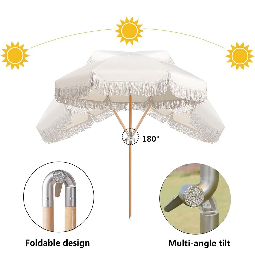 Parasol Ogrodowy w Boho z Frędzlami 200 cm, Przenośny Parasol Plażowy z Regulowanym Drewnianym Trzonkiem, 8 Żeberek z Włókna Szklanego