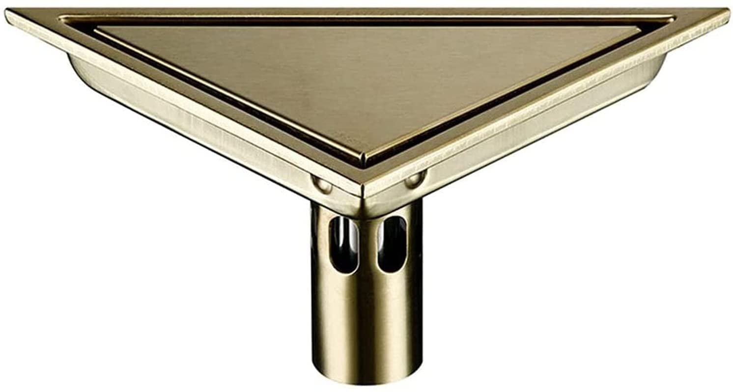 Scarico doccia, scarico a pavimento in acciaio inox per bagno, scarico a pavimento con inserto in piastrelle triangolari, scarico doccia con griglia rimovibile, filtro raccogli-capelli, oro spazzolato