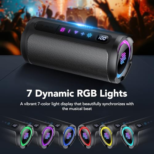 Image of Portable Bluetooth Speaker with Battery Level Display, Powerful Sound Wireless Speaker: Deep Bass, BT 5.4, 20H Playtime, 7 RGB Modes, IPX7 Waterproof, TWS Pairing, Beach /Vacation Essentials(Black)