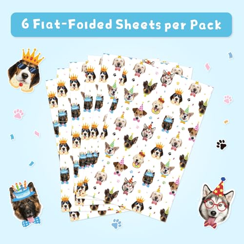 WERNNSAI Hund Geschenkpapier – 6 Blatt Hund Geschenkpapier Geburtstag Deko Kinder Mädchen Junge Geburtstagsparty Geschenk Dekorationen Süße Welpe Muster 50 × 70 cm