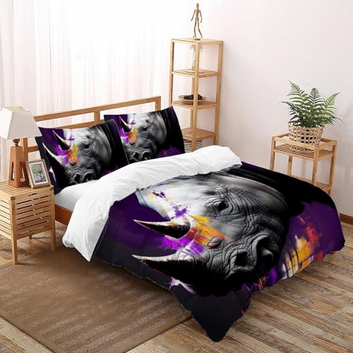 Housse de couette rhinocéros imprimé 3D prestige en microfibre douce pour lit double - 2