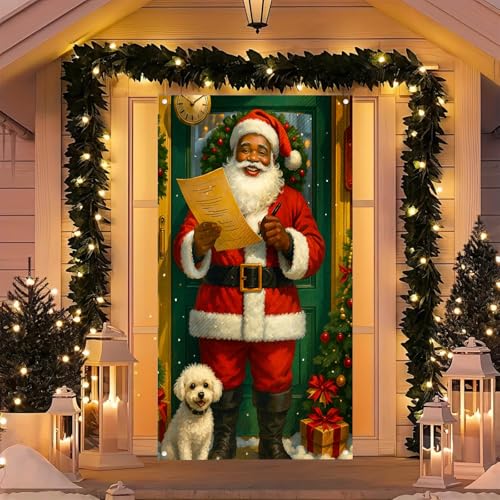 Image of BlissYard Door Cover Christmas Wrapped Box Santa 35x71 Inch Polyester