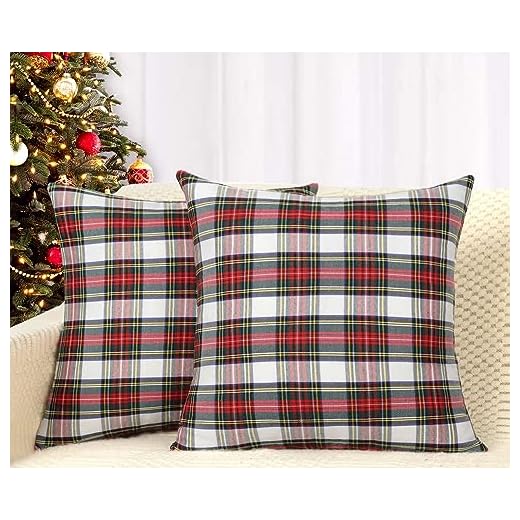 4TH Emotion Set of 2 Christmas Scottish Tartan Plaid Throw Pillow Covers Cushion Case Polyester for Farmhouse Home Decor Red and White, 18 x 18 Inches