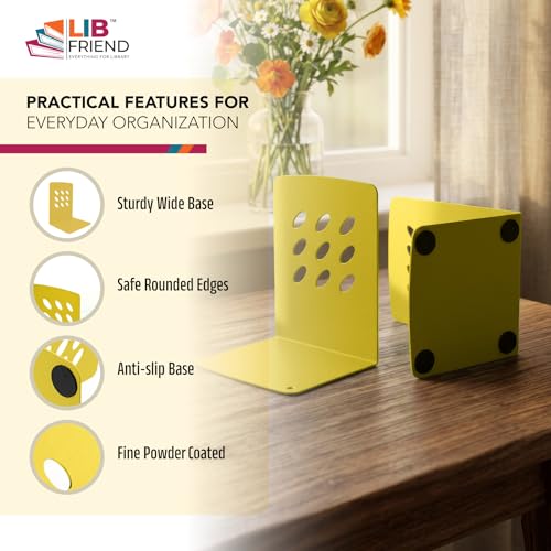 Image of LIBFRIEND Metal Non-Slip Bookends | Powder-Coated L-Shaped Book Holder for Desk, Office, Study Table and Library | Multicolour Options | Set of 2 (Yellow, S)