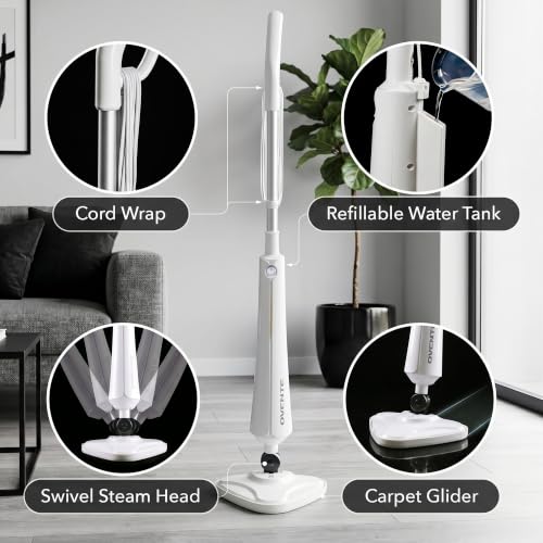 Image of OVENTE Electric Steam Mop Cleaner, 1300W, 350ml Water Tank, White ST405W | With Swivel Head, Washable Microfiber Pad for Cleaning Carpet, Hardwood, Laminate Floor, Tiles and Grout