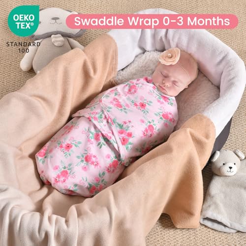 Image of david's kids 100% Cotton 3 Pack Baby Swaddle Wrap for 0-3 Months, Soft Breathable Swaddle Blanket for Newborn Infant, Adjustable Baby Wrap Sleep Sacks for Girls, Newborn Essentials, Floral