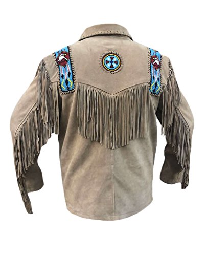 Classyak Men's Western Fringed & Bone Eagle Beaded Suede Leather Jacket3