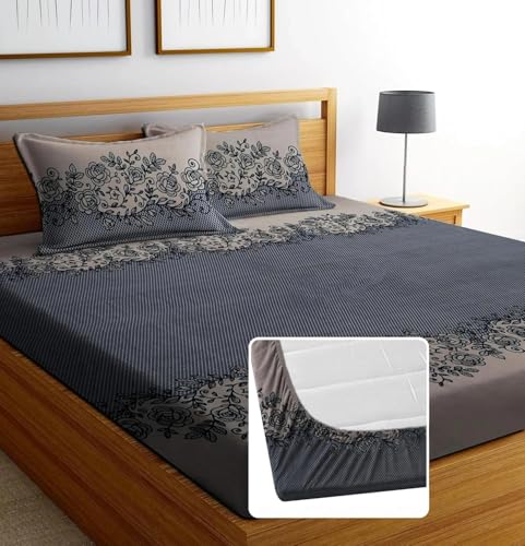 Image of Blue Strip 300 TC Cotton Feel Glace Cotton Elastic Fitted Printed King Size Double Bed Bedsheet with 2 Pillow Covers Fits Upto 9 inches,Size- 72x78x10 Inches