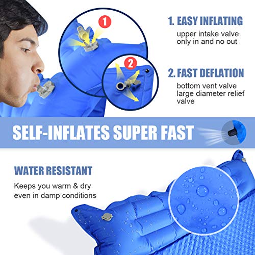 YOUKADA Sleeping-Pad Foam Self-Inflating Camping-Mat for Backpacking Sleeping Pad Double Sleeping Mat Camping Pad 2 Person Camping Mattress with Pillow for Hiking Camping Gear(Blue, Large)