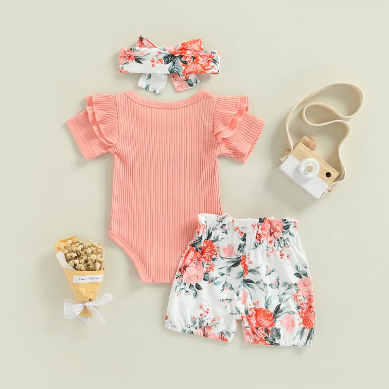 Newborn Baby Girl Auntie Outfits Auntie's Bestie Short Sleeve Ribbed Romper Floral Shorts Clothes with Headband3