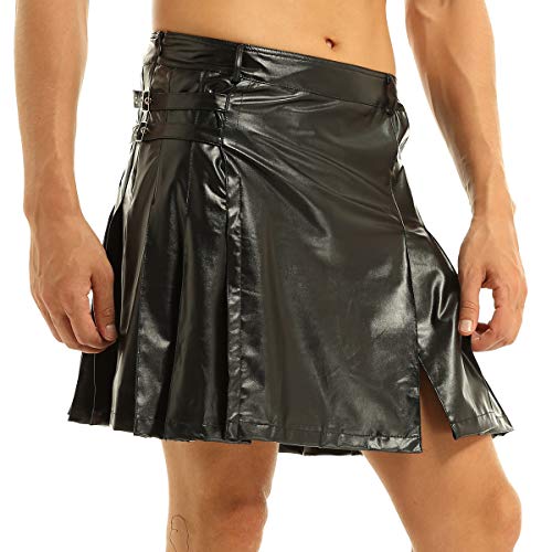 YiZYiF Men's Black Leather Gladiator Pleated Utility Kilt Flat Front Skirt Costume Black