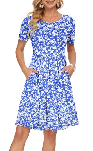Image of AUSELILY Women's Short Sleeve Pleated Swing Summer Dress with Pockets | Knee-length short sleeve dress, empire waist & pockets, ideal for casual daily wear and vacation