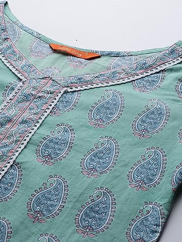 Image of INDO ERA Women's Sea Green Printed Pure Cotton Kurta with Pant & Dupatta Set
