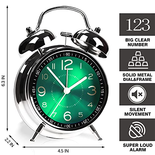 Image of AYRELY Super Loud Alarm Clock for Heavy Sleepers Adults,Twin Bell Retro 4 Inch Silent Non-Ticking Quartz with Backlight, Metal dial, Alarm Clocks for Bedrooms Bedside (Green)