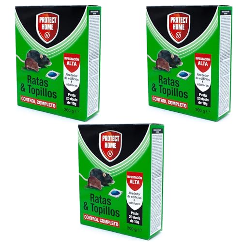 Genérico Pack 3 UNIDDES Raticida en Pasta para Ratas y topillos 200g - Protect Home. 20 dosis de 10g. Infestacion Alta. Control Completo. Listo para Usar.