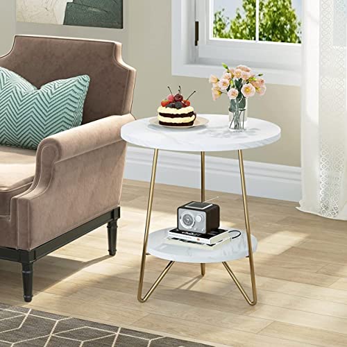 Tribesigns Faux Marble End Table, 2 Tier Round Side Table With Shelves, Modern Gold Nightstand Bedside Table Small Coffee Accent Table For Living Room Bedroom, White And Gold #TOP1