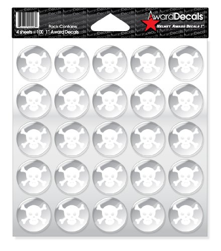 Image of Award Decals Skull and Crossbone Sticker Set (lWhite on Clear) (100 Decals) 1 inch The Original Award Decals Premium 20mil Thick Helmet Decals Made in the USA Since 1976