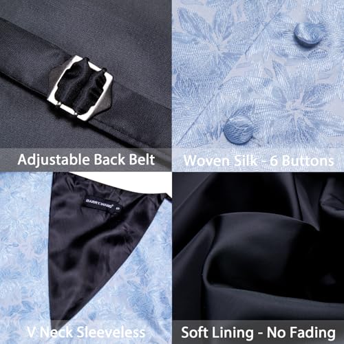 Image of Barry.Wang Mens Dusty Blue Suit Vest Jacquard Silk Ties Handkerchief Cufflinks Waistcoat Set Formal Wedding Tuxedo 5PCS