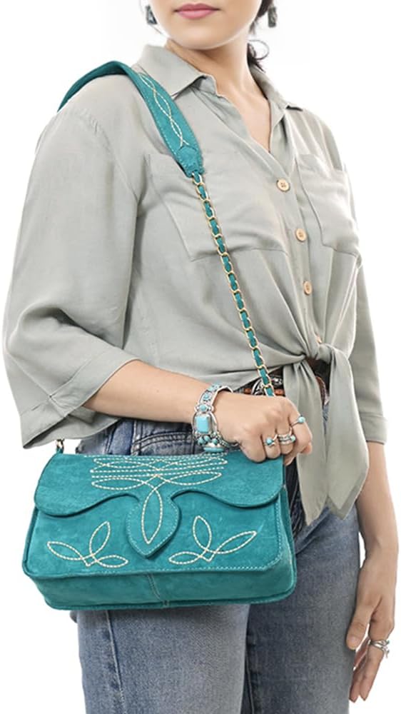 American Darling Boot Stitched Genuine Suede Leather Cross body Bag, Genuine Leather Western Purse with YKK Zipper