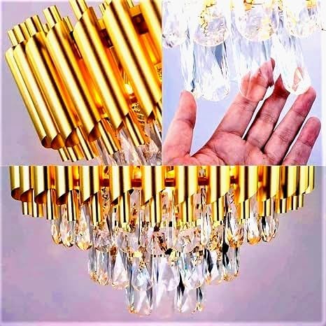 Image of Modern Ceiling Lamp 4-Tier Round Crystal Chandelier for Living Room | Modern Ceiling Light Jhumar for Hall for Home Decoration + 3 Color LED Light (Full Gold, 500MM)