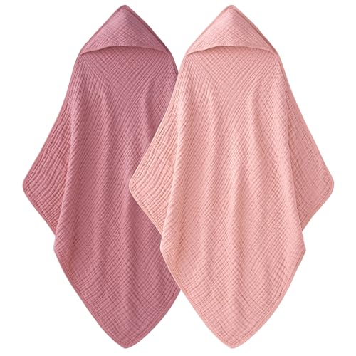 Image of Unnivoll Hooded Baby Towels for Newborn - 2 Pack, 100% Muslin Cotton, Baby Bath Towels with Hood, Soft and Absorbent for Girls Infant, Toddler and Kids, Large 32x32 Inches, Newborn Essential