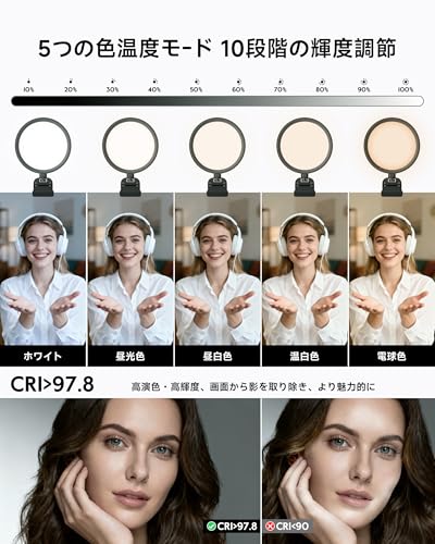LitONES リングライト5インチ小型手持ちライトクリップ式 パソコン配信 女優ライト掛け式 モニターライト CRI 97.8 高輝度 50色モード リモートワーク ライト 卓上照明読書 ライト三脚付属撮影用ライト360度回転可能 ring light USB給電 オンライン 面接/zoom/web会議/オンライン授業/ビデオ/生放送/自撮り/美容化粧/YouTube/Tik Tok