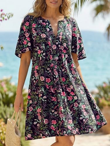 Image of Wenrine Womens Flutter Short Sleeve Mini Dress Casual V Neck Loose Flowy Summer Dresses