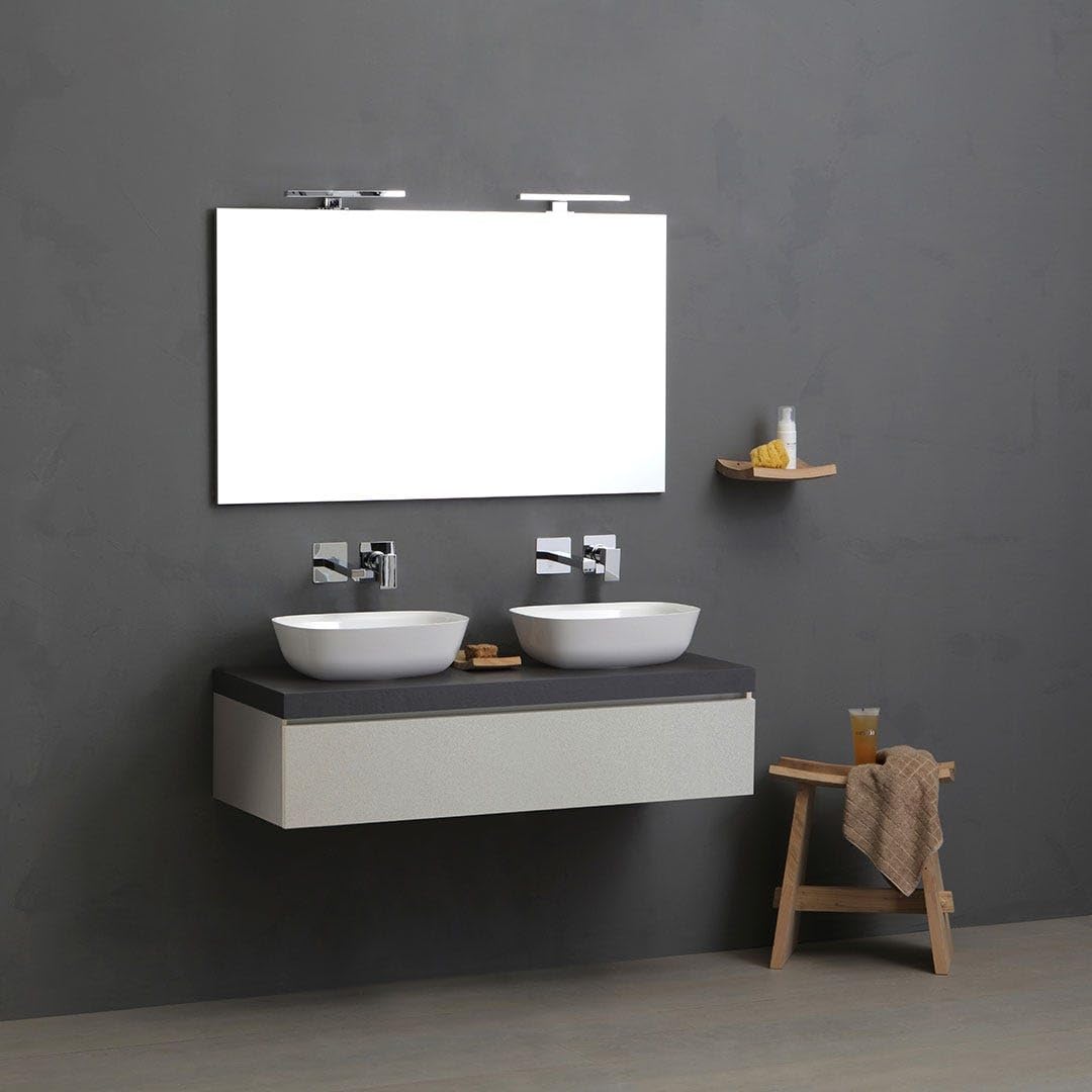 Kiamami Valentina - Mueble de baño suspendido de 120 cm con cajón Gris Perla, encimera Antracita, 2 lavabos de Resina y Espejo | Valentina