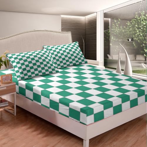 Image of Erosebridal Green Checkered Bedding Full White Emerald Green Checkerboard Sheet Set,Buffalo Plaid Grid Bed Sheets for Kids Adults Aesthetic Geometric Gingham Bed Sheet Set 4 Piece