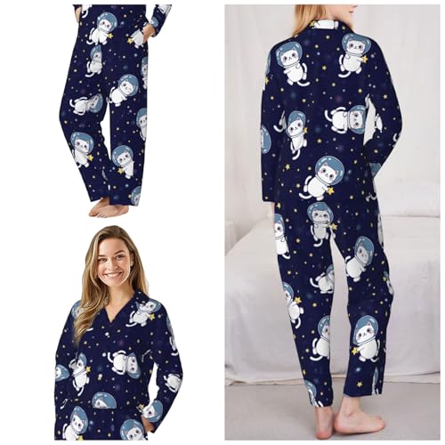 Image of Women'S Long Sleeve Pajama Set Soft Loungewear Button-Down Top & Elastic Waist Pants S- 2XL
