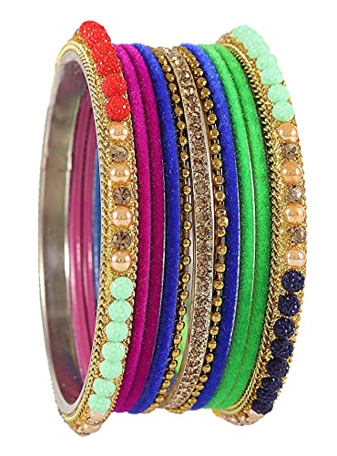 Image of NMII Metal with Zircon Gemstone, Pearls and Beads Studded Glossy Finished Bangle Set For Women and Girls