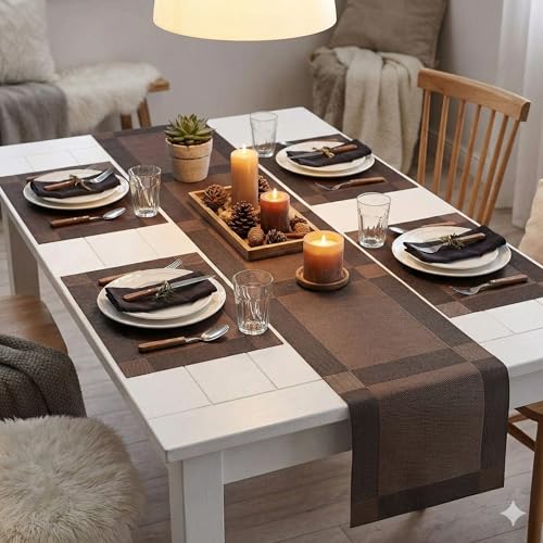 Image of YELONA Dining Table Placemats and Runner Set - Heat Resistant, Washable, Stain Resistant Mats - Woven Vinyl Plastic - Easy to Clean-(45x30 cm 4 Placemats, 180x30 cm 1 Runner)-Ideal for Stylish Dining